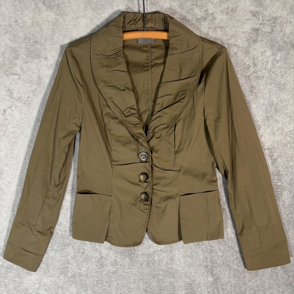 Geiger Austria Olive Green Ruched Shawl Collar Cotton Blazer Jacket Womens 34